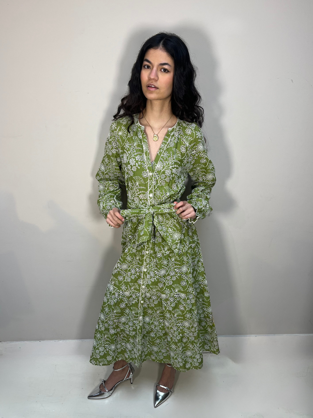 ME+EM Floral dress Green with white lace